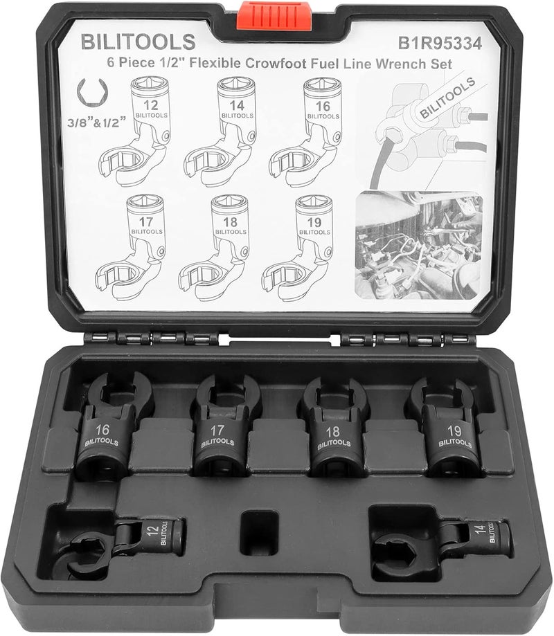 BILITOOLS 6PCS Flex Head Crows Foot Line Wrench Set, 3/8" & 1/2" Drive Injector Fuel Line Sockets Wrench Set, Crowfoot Flare Nut Socket Wrench Metric 12 14 16 17 18 19 mm with Storage Box - Image 1